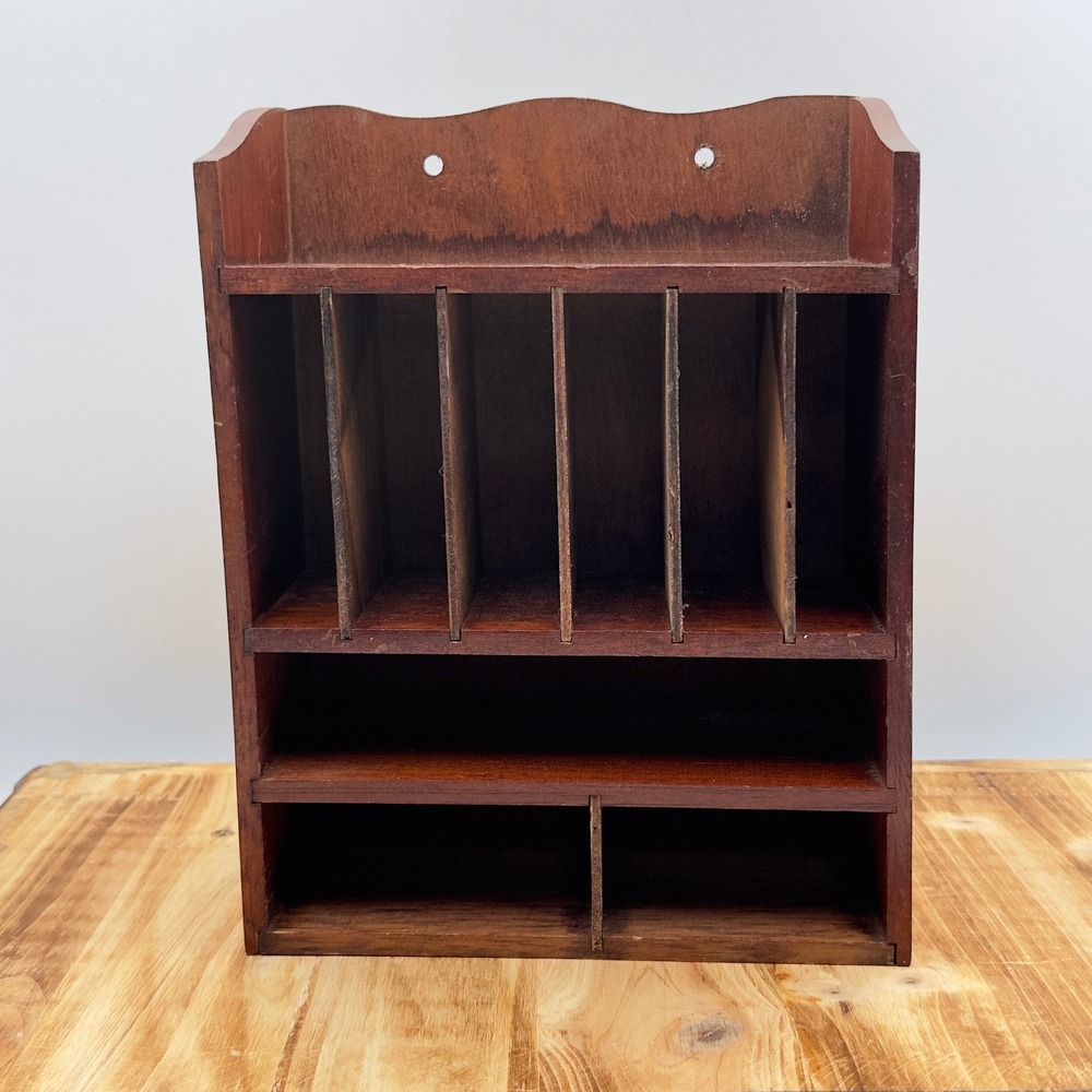 Vintage Wood Mail Sorter Brown Wall Mount Desk Organizer 9x7.5 Office MCM